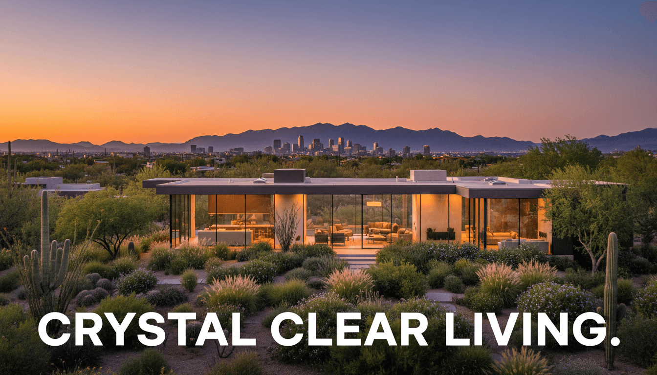 Modern home with clean windows and lush green landscape at sunset.