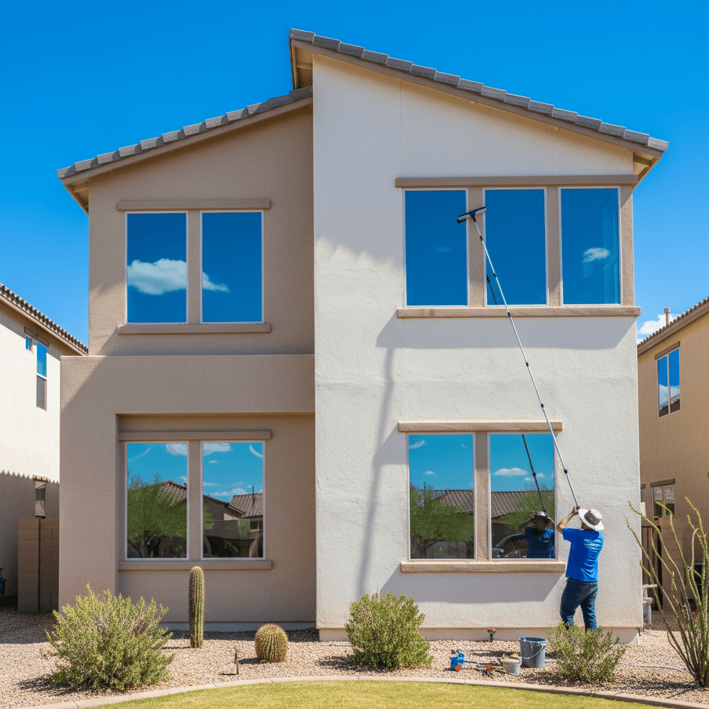 Professional window cleaner working on a residential home in Tucson