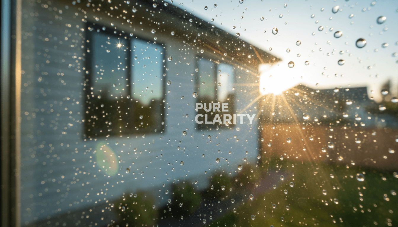 Sparkling clean window with water droplets and sunlight reflections