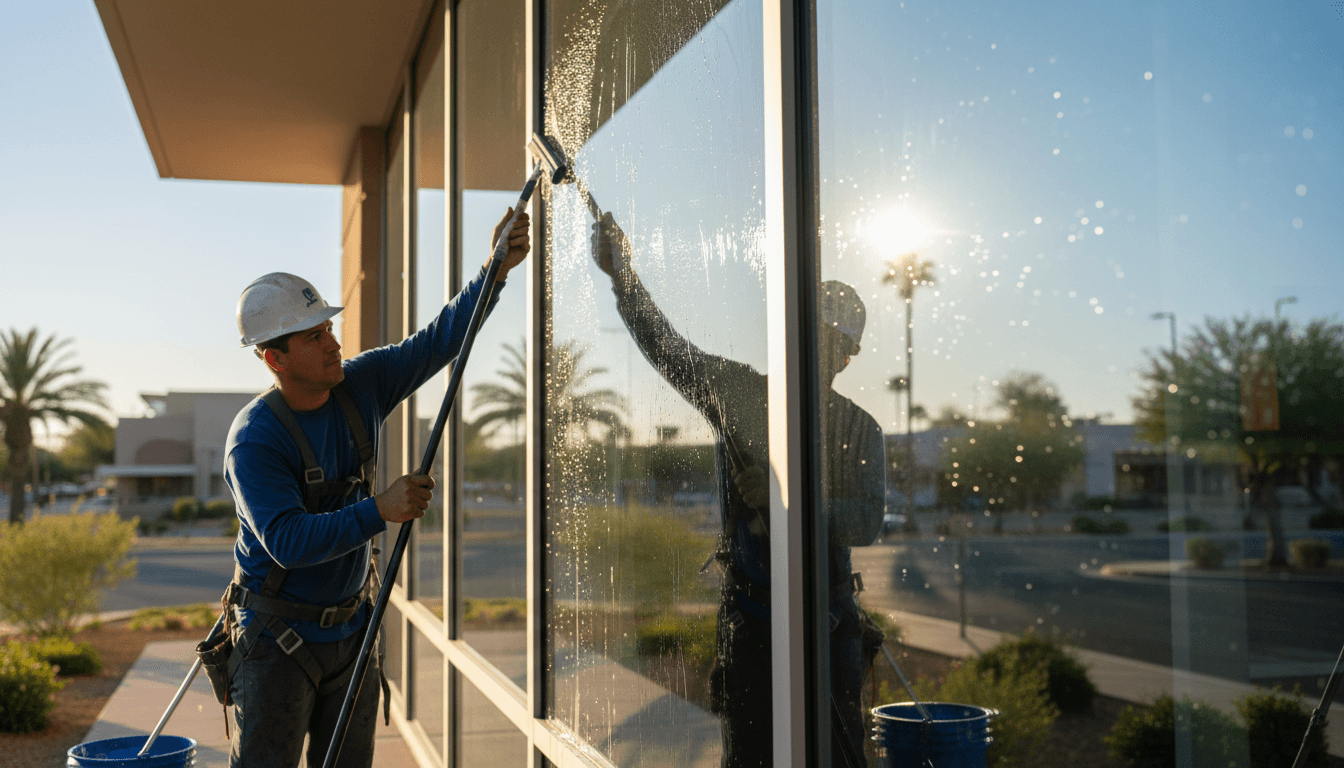 Professional window cleaner using squeegee on commercial building in Tucson