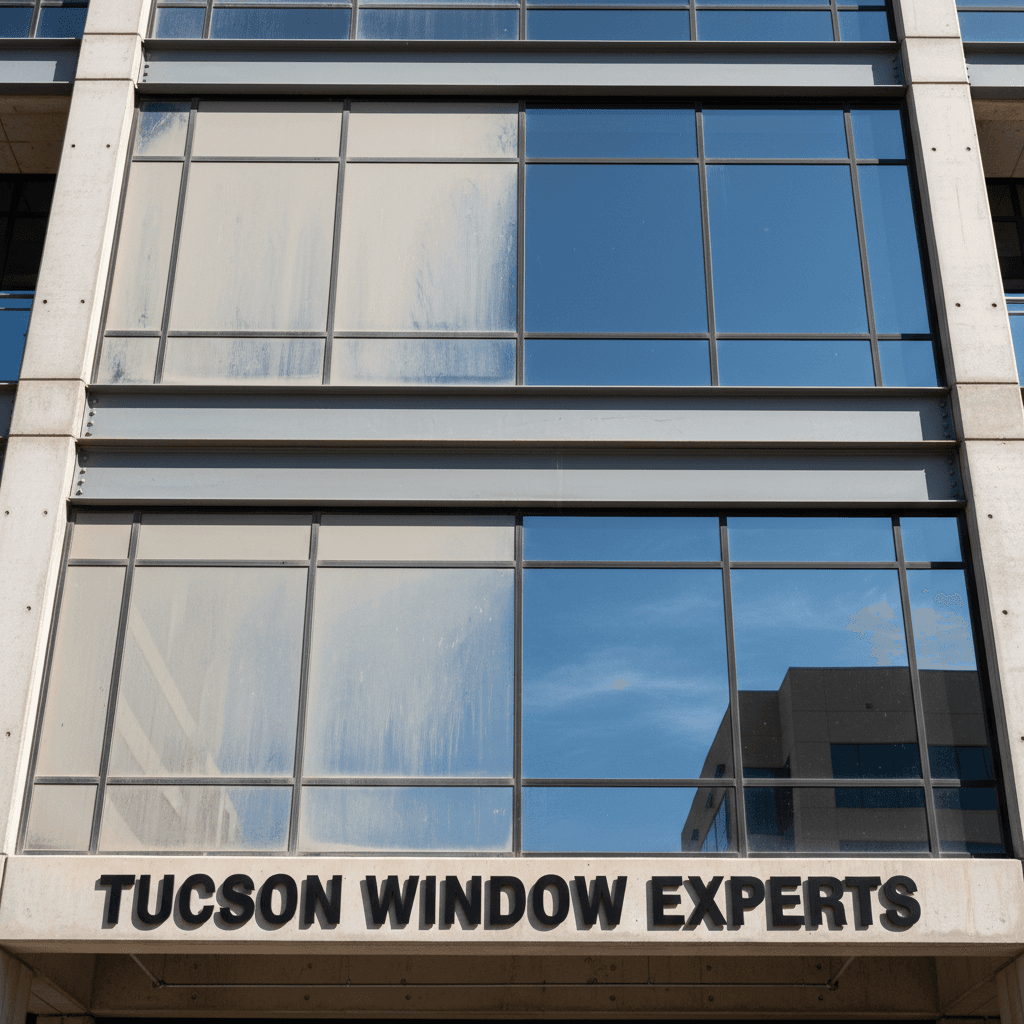 Commercial building facade before and after full window cleaning