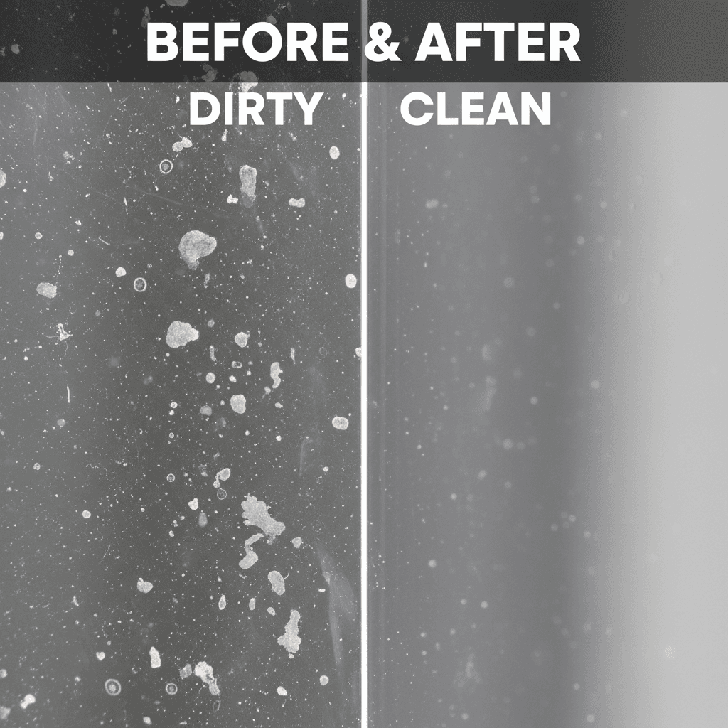 Extreme close-up of window glass before and after professional cleaning