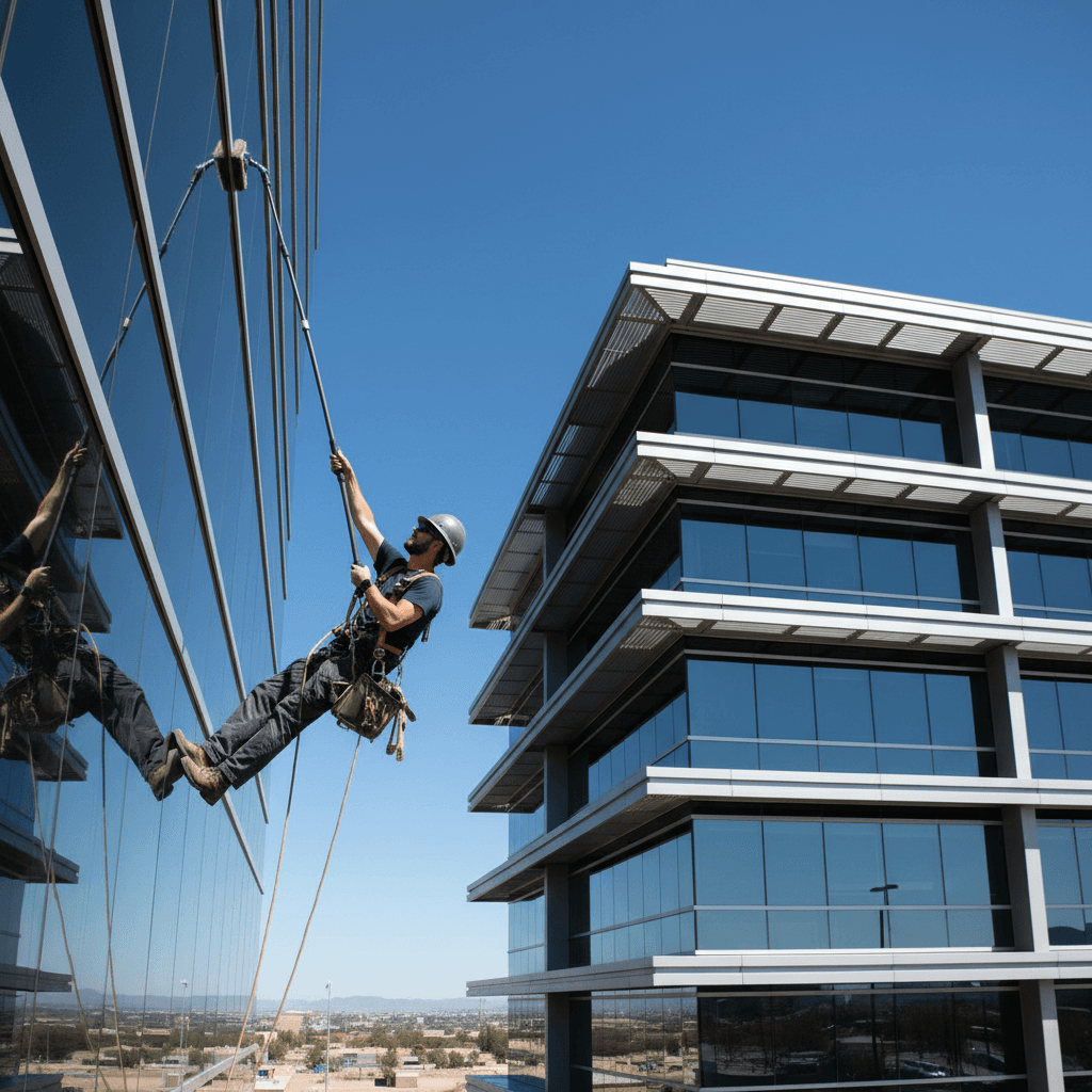 High-reach window cleaning with professional equipment