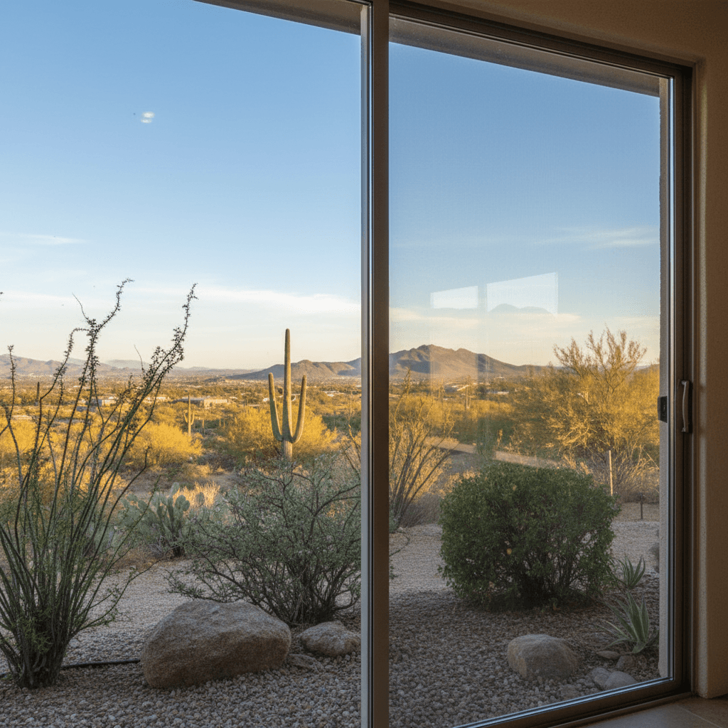 Residential patio window after cleaning with clear desert view