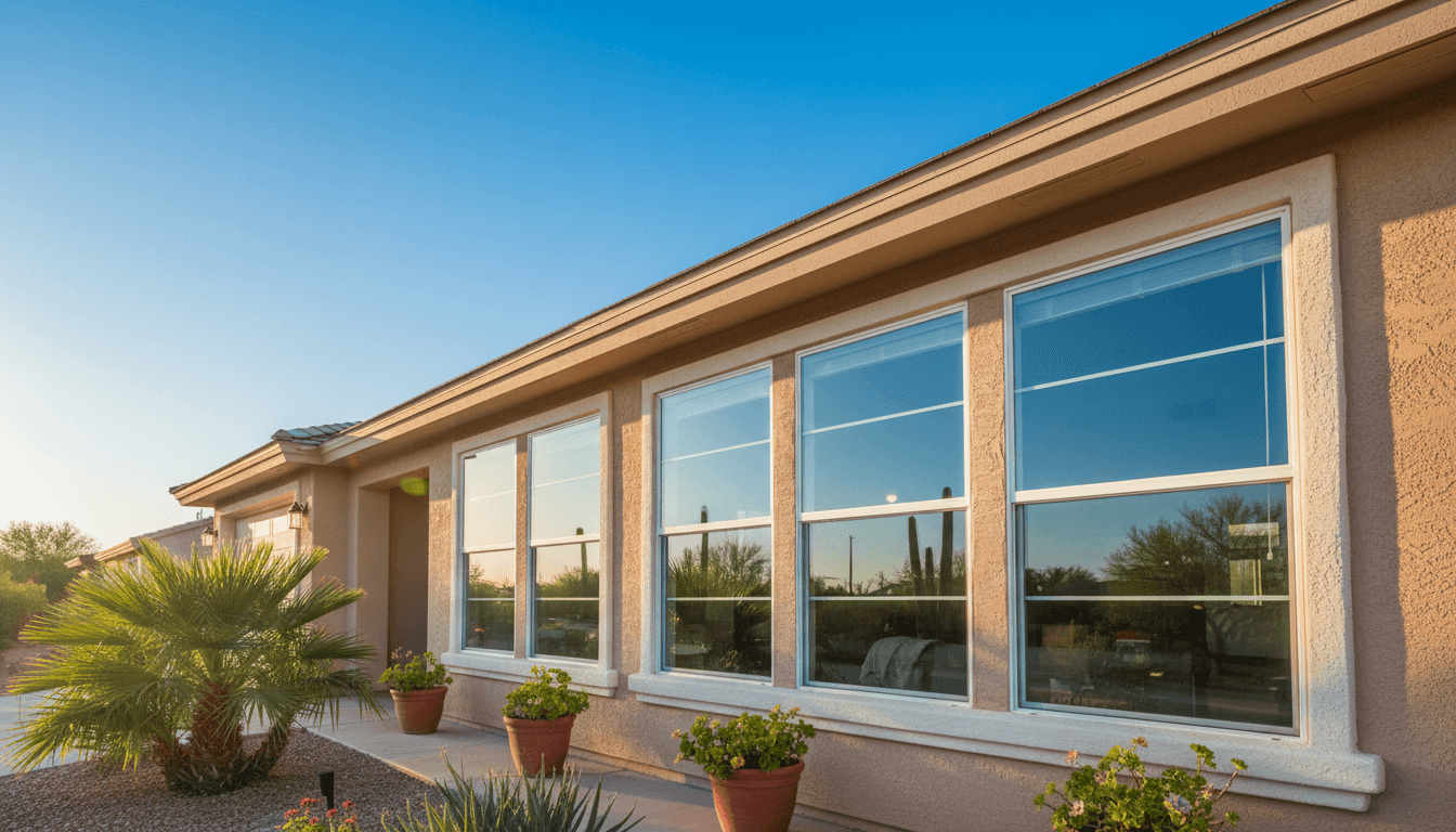 Bright residential home in Tucson with sparkling clean windows reflecting morning sunlight