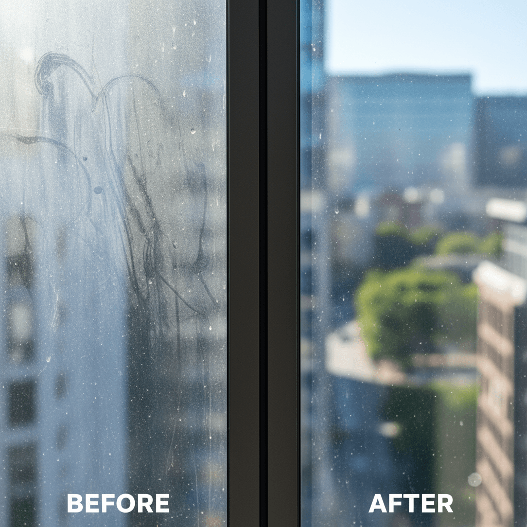 Overhead view comparing dirty and freshly cleaned window sections