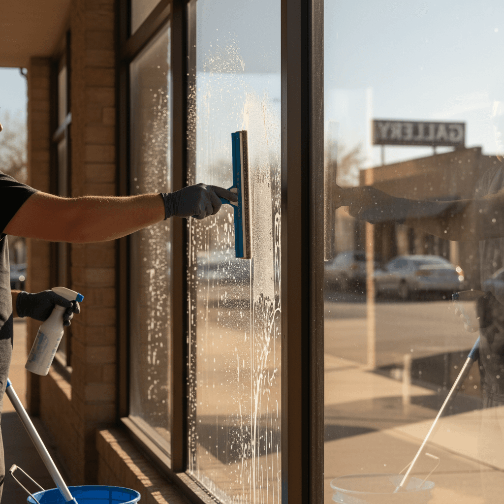 Commercial window cleaning in progress showing streaks and clean glass