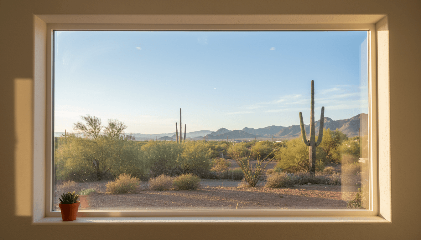 Clear residential window framing Tucson desert landscape with bright natural light